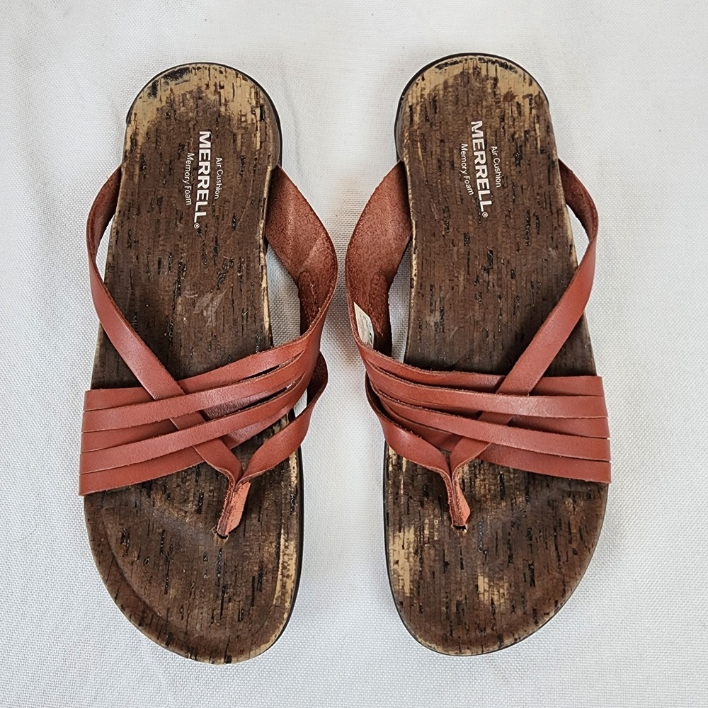 Merrell Redwood J97322 Womens Thong Slippers Size 9 Rust Red Leather Boho Casual - Picture 1 of 8